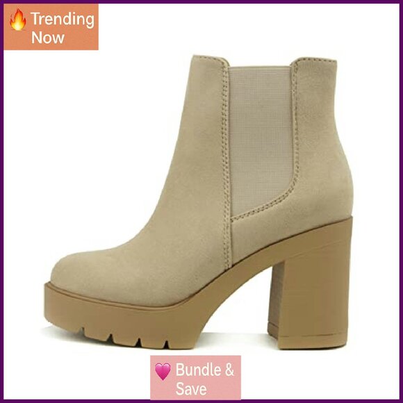 Lug Sole Chelsea Ankle Boots with 3.5" Heel, Stretch Elastic Panels - Picture 2 of 5